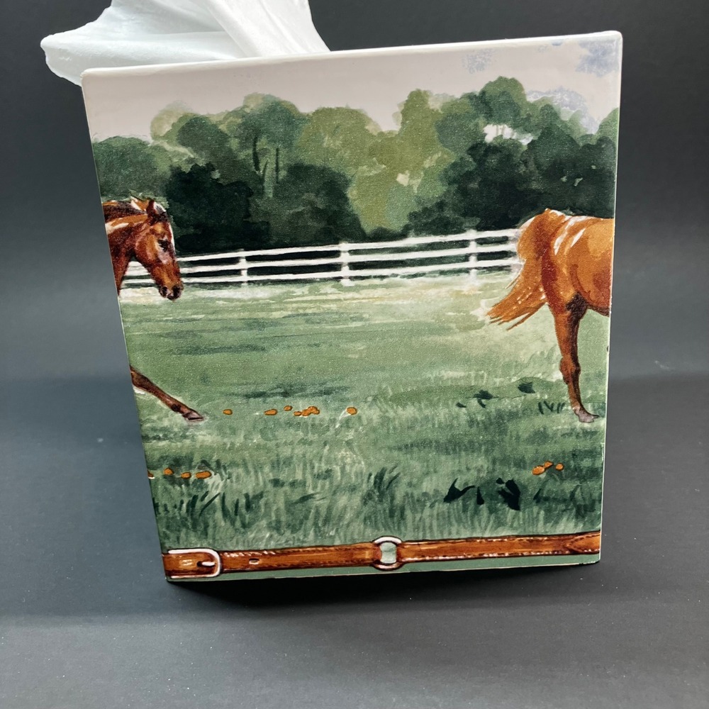 Connie's Creations Wood Tissue Box Cover Equestrian Running Horses Green - Picture 7 of 11